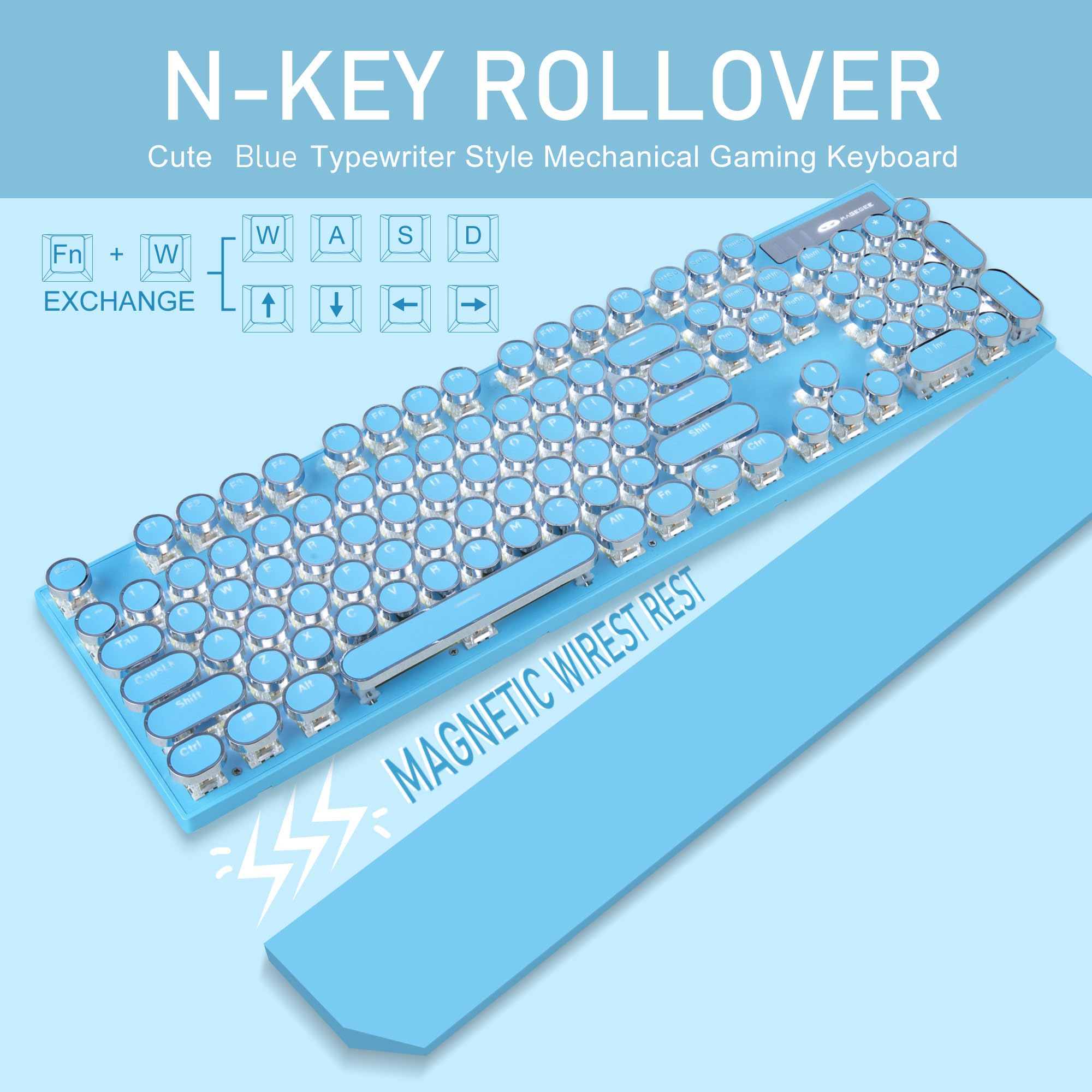 Camiysn Typewriter Style Mechanical Gaming Keyboard Retro Punk Design with White Backlit 104 Keys Blue Switch Wired Cute Keyboard for Office PC Laptop - View 2 of 6