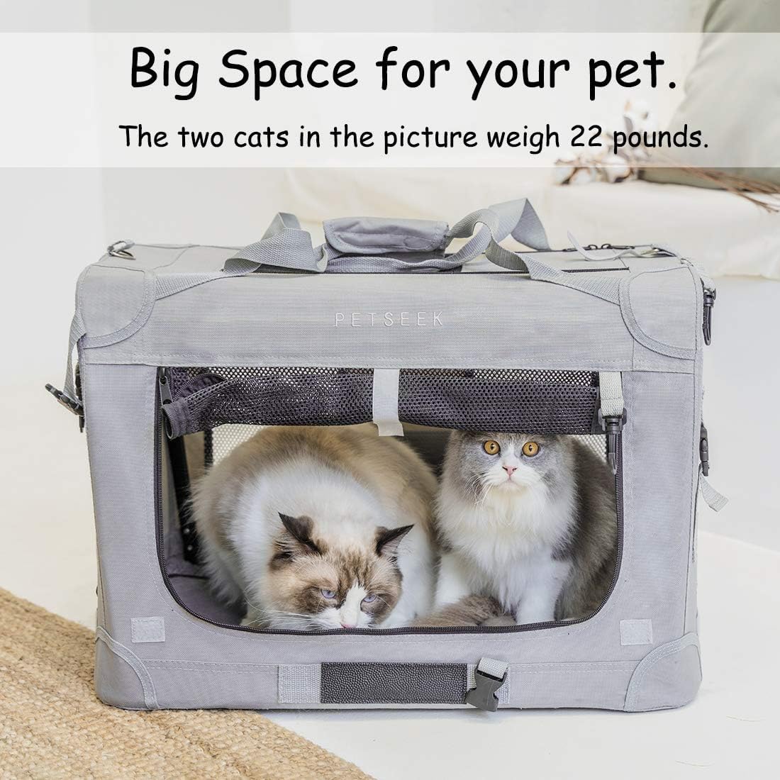Petseek Petseek Extra Extra Large Soft Sided Cat Carrier Portable Dog Carrier for 2 Cats Comfortable Design with Litter Box and Bowls Grey - View 5 of 6