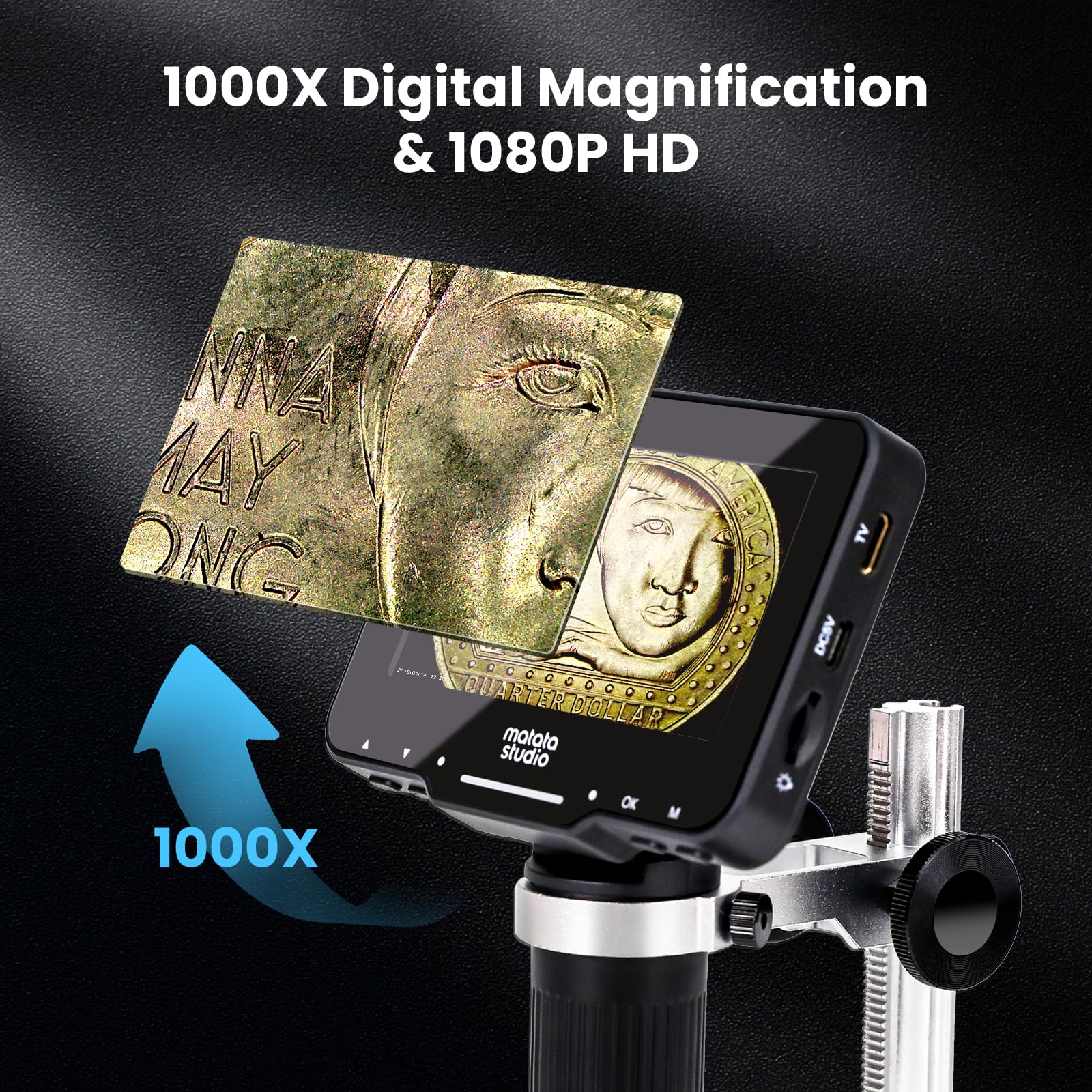 MatataStudio Matatastudio M2B 1000X Digital Microscope with LCD Screen 1080P Coin Magnifier and Adjustable Stand with HDMI and 32GB SD Card Included - View 3 of 8
