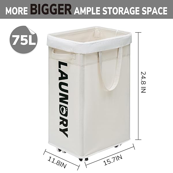 Goodpick Goodpick 75L Laundry Hamper with Wheels and Removable Wash Bag Large Clothes Basket for Bedroom White - View 5 of 10
