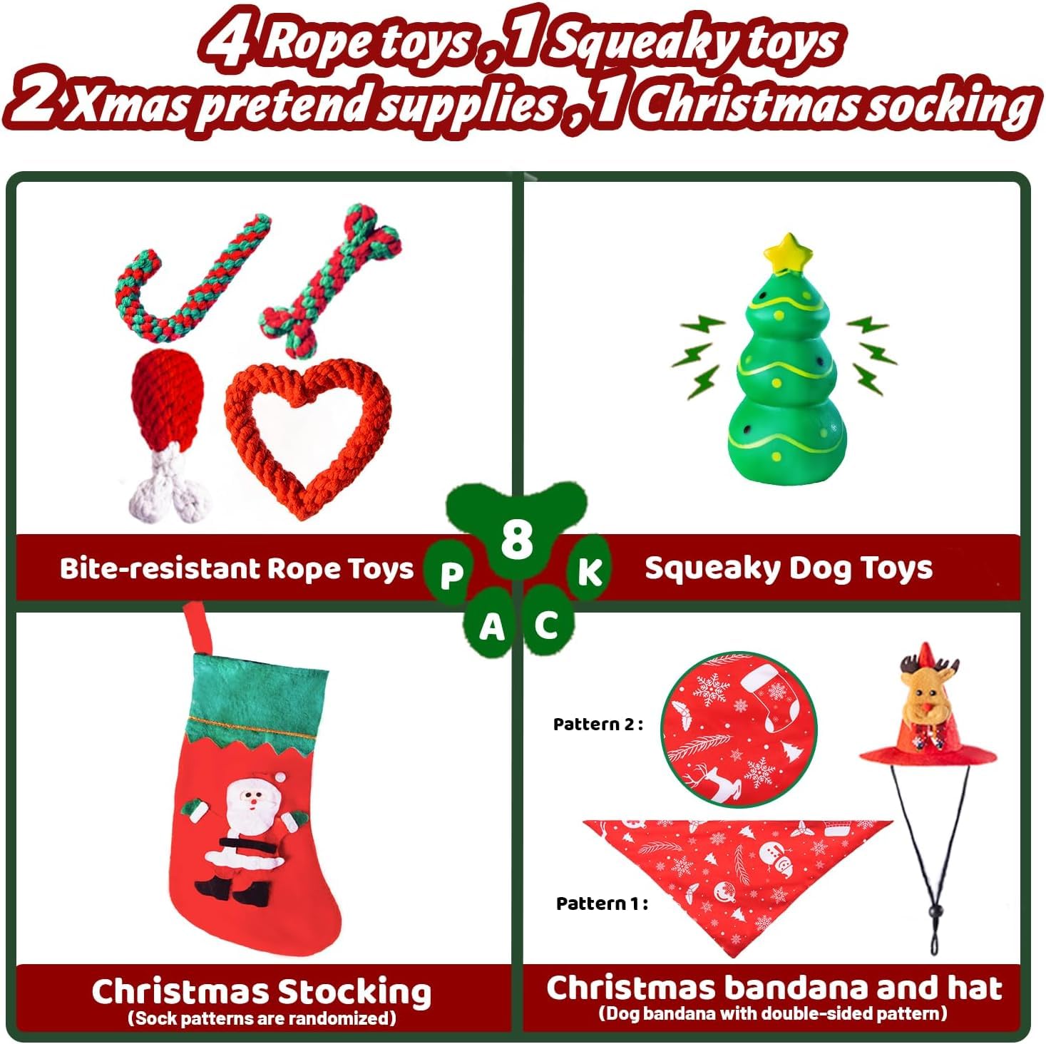 DARDOHIA DARDOHIA Christmas Dog Toys 8 Pack for Small and Medium Dogs Includes Hat Bandana Stocking Rope and Squeaker Chew Toys for Teething - View 3 of 7