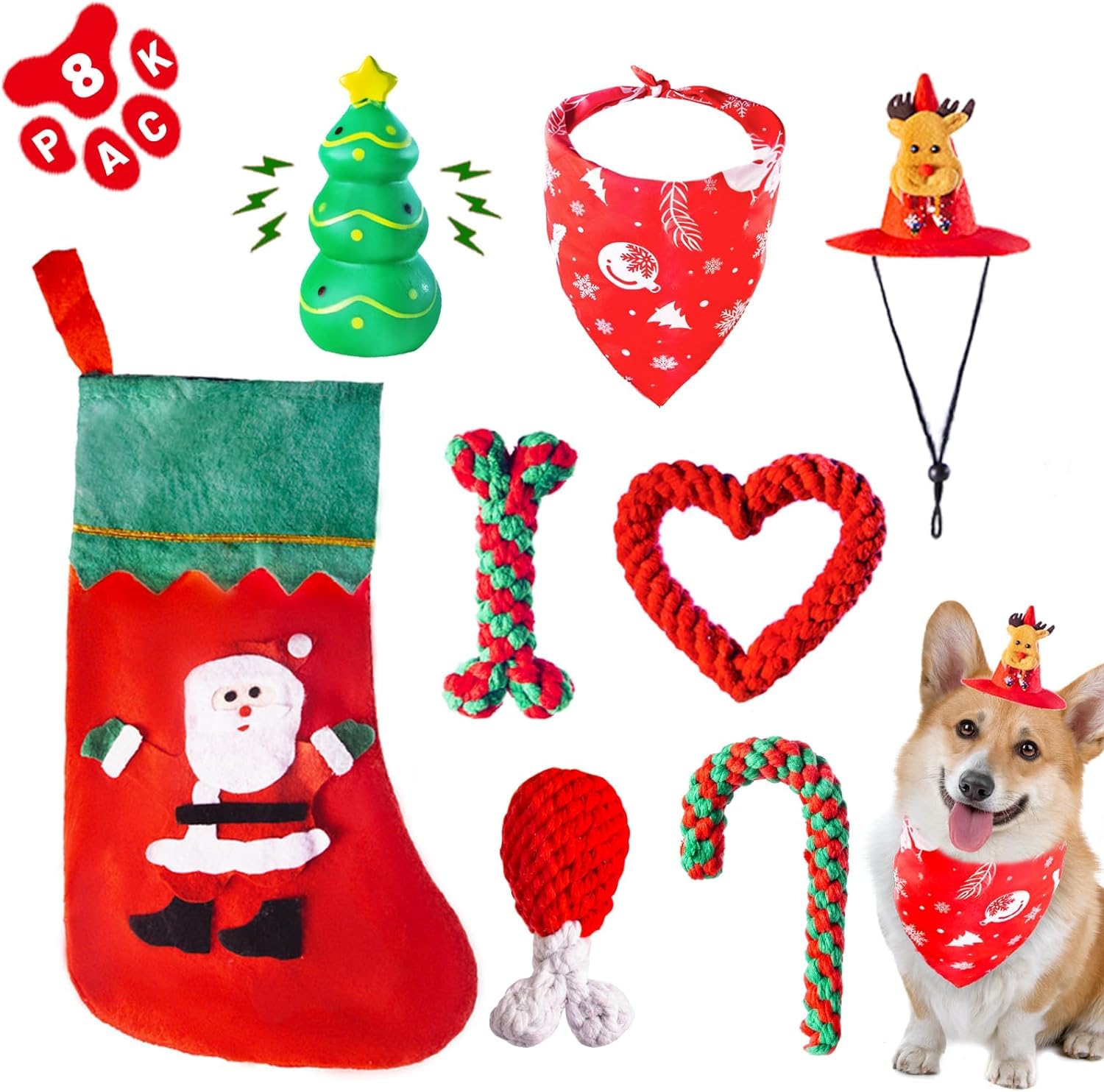 DARDOHIA DARDOHIA Christmas Dog Toys 8 Pack for Small and Medium Dogs Includes Hat Bandana Stocking Rope and Squeaker Chew Toys for Teething