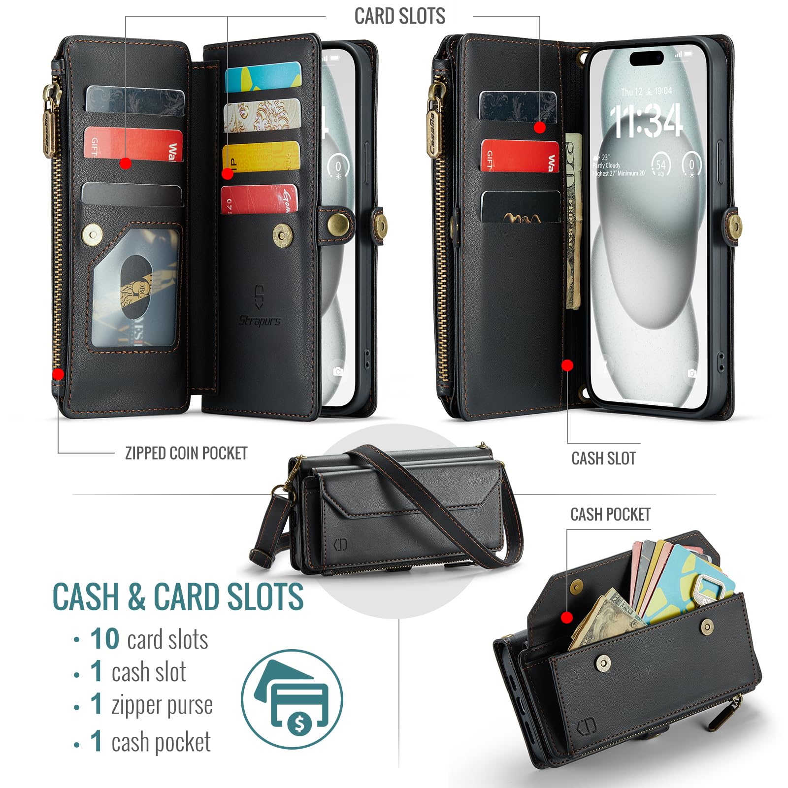 Strapurs Strapurs Crossbody Wallet Case for iPhone 15 Plus RFID Blocking Soft PU Leather with 10 Card Holder and Zipper Pocket - Black - View 2 of 9