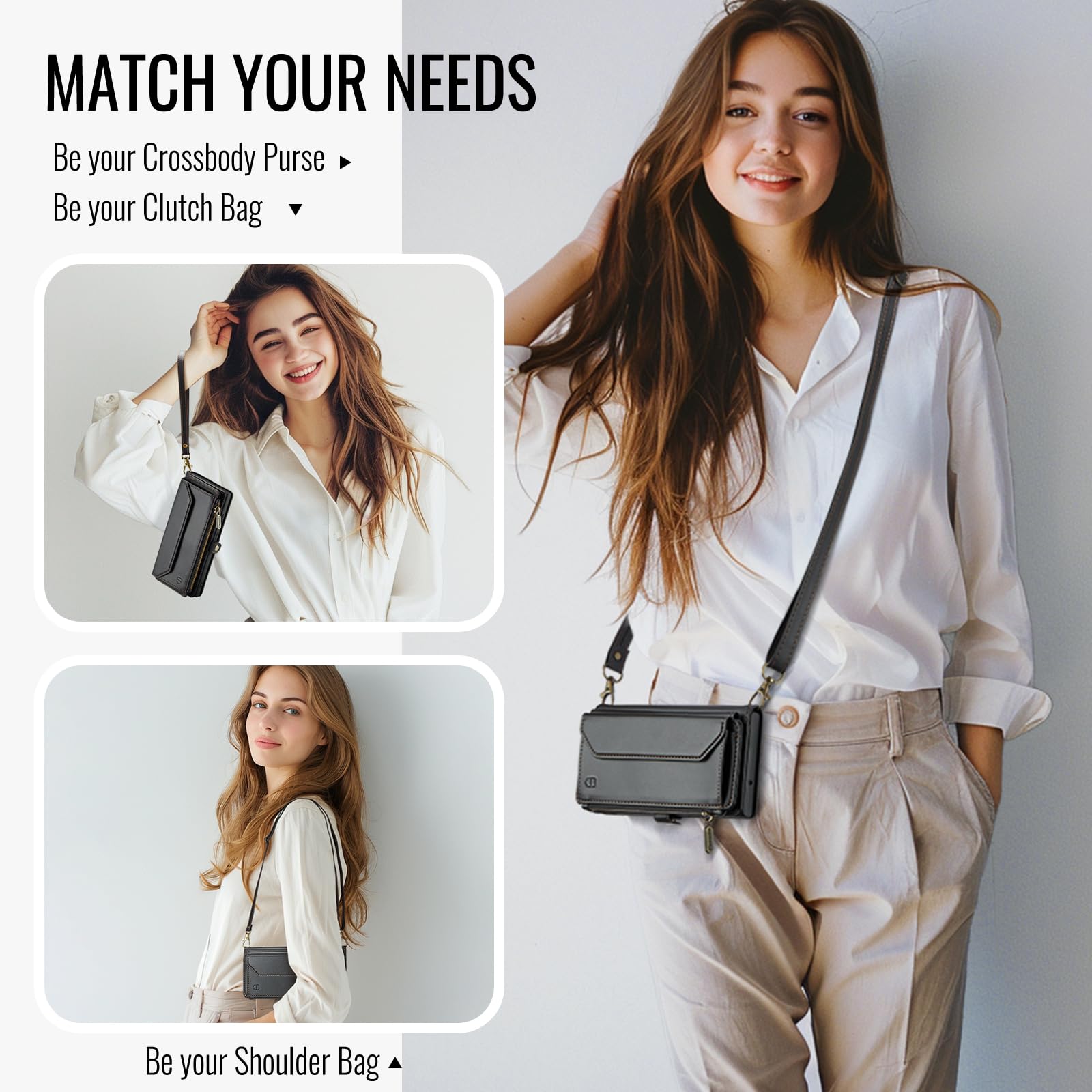 Strapurs Strapurs Crossbody Wallet Case for iPhone 15 Plus RFID Blocking Soft PU Leather with 10 Card Holder and Zipper Pocket - Black - View 3 of 9