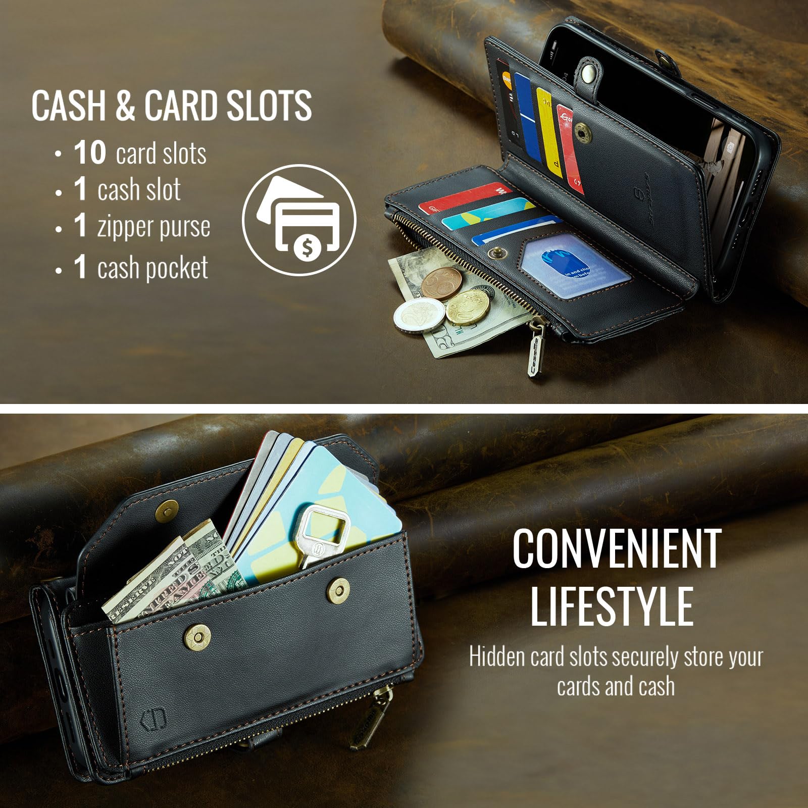 Strapurs Strapurs Crossbody Wallet Case for iPhone 15 Plus RFID Blocking Soft PU Leather with 10 Card Holder and Zipper Pocket - Black - View 5 of 9