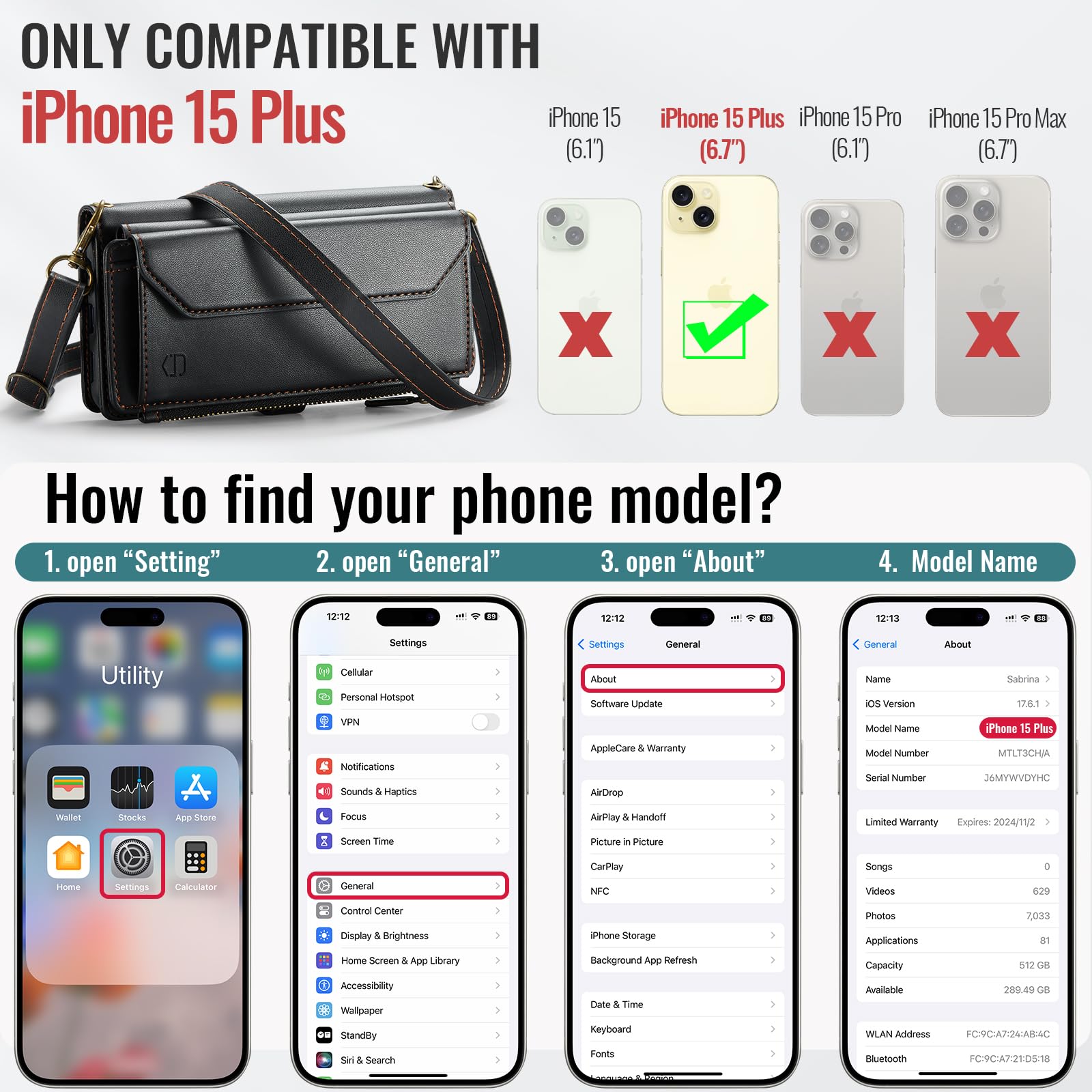 Strapurs Strapurs Crossbody Wallet Case for iPhone 15 Plus RFID Blocking Soft PU Leather with 10 Card Holder and Zipper Pocket - Black - View 6 of 9