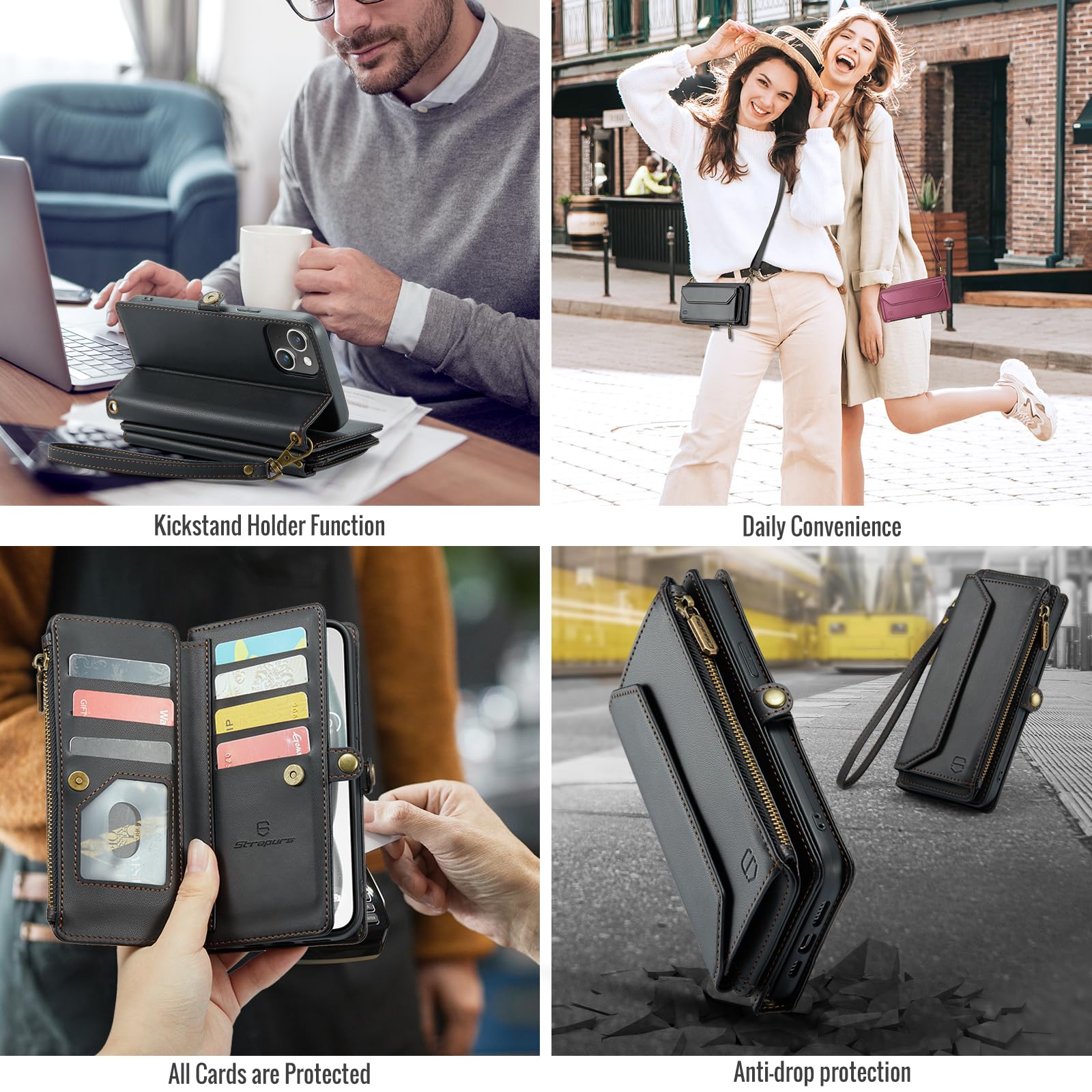 Strapurs Strapurs Crossbody Wallet Case for iPhone 15 Plus RFID Blocking Soft PU Leather with 10 Card Holder and Zipper Pocket - Black - View 7 of 9