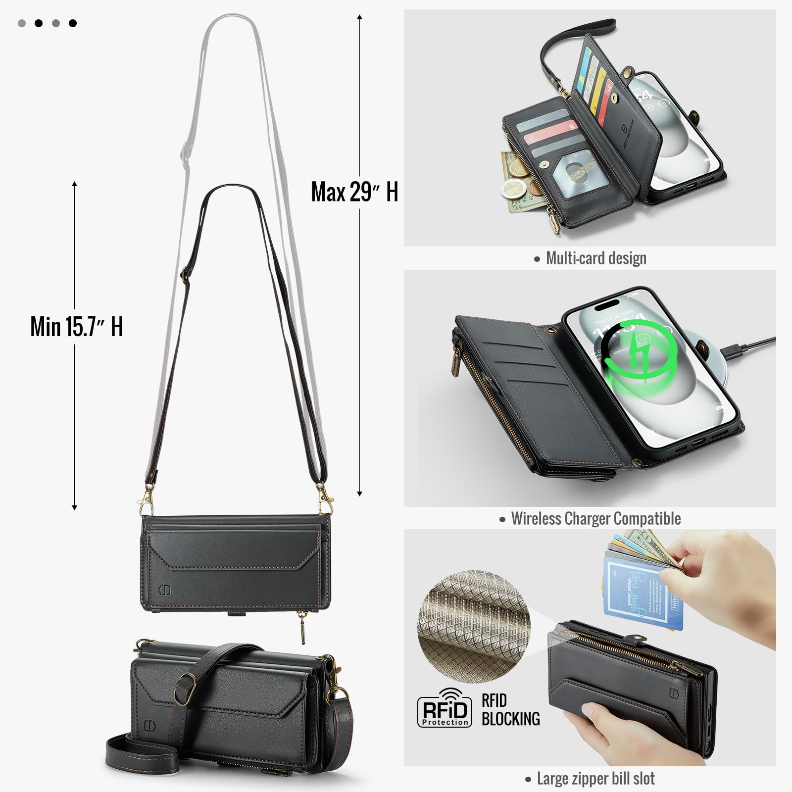 Strapurs Strapurs Crossbody Wallet Case for iPhone 15 Plus RFID Blocking Soft PU Leather with 10 Card Holder and Zipper Pocket - Black - View 8 of 9
