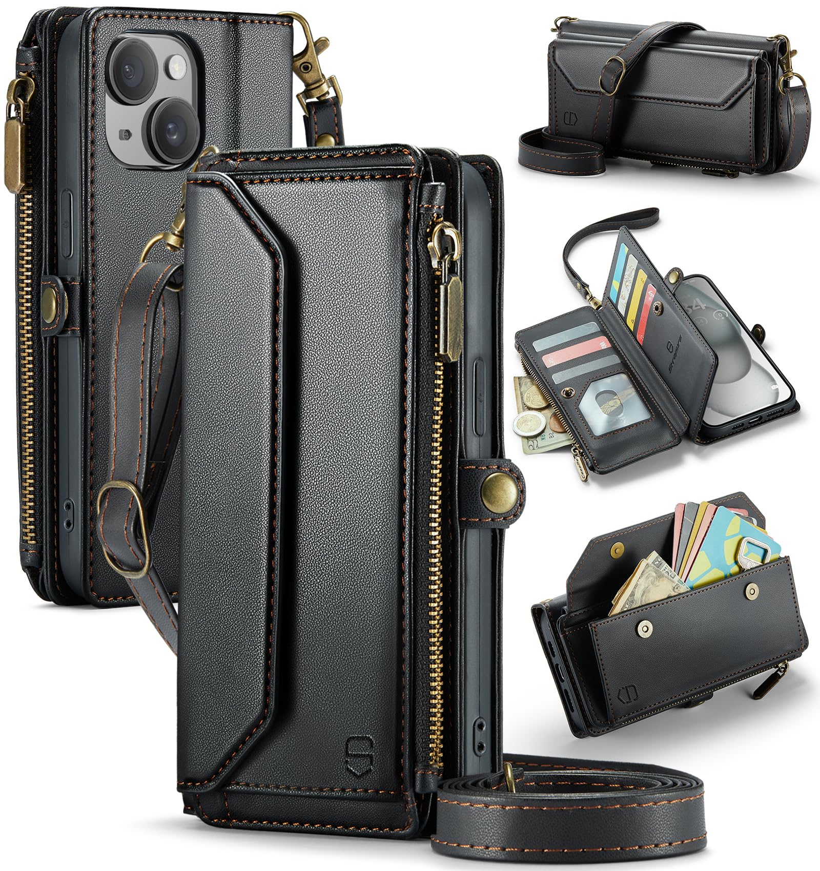 Strapurs Strapurs Crossbody Wallet Case for iPhone 15 Plus RFID Blocking Soft PU Leather with 10 Card Holder and Zipper Pocket - Black