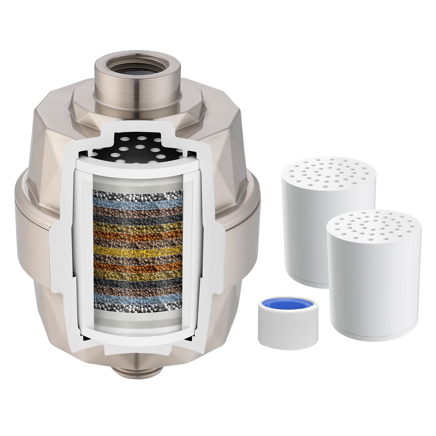 Hibbent Hibbent High Output Shower Filter for Hard Water Removes Chlorine and Fluoride 20 Stage Showerhead Filter with 2 Cartridges Brushed Nickel