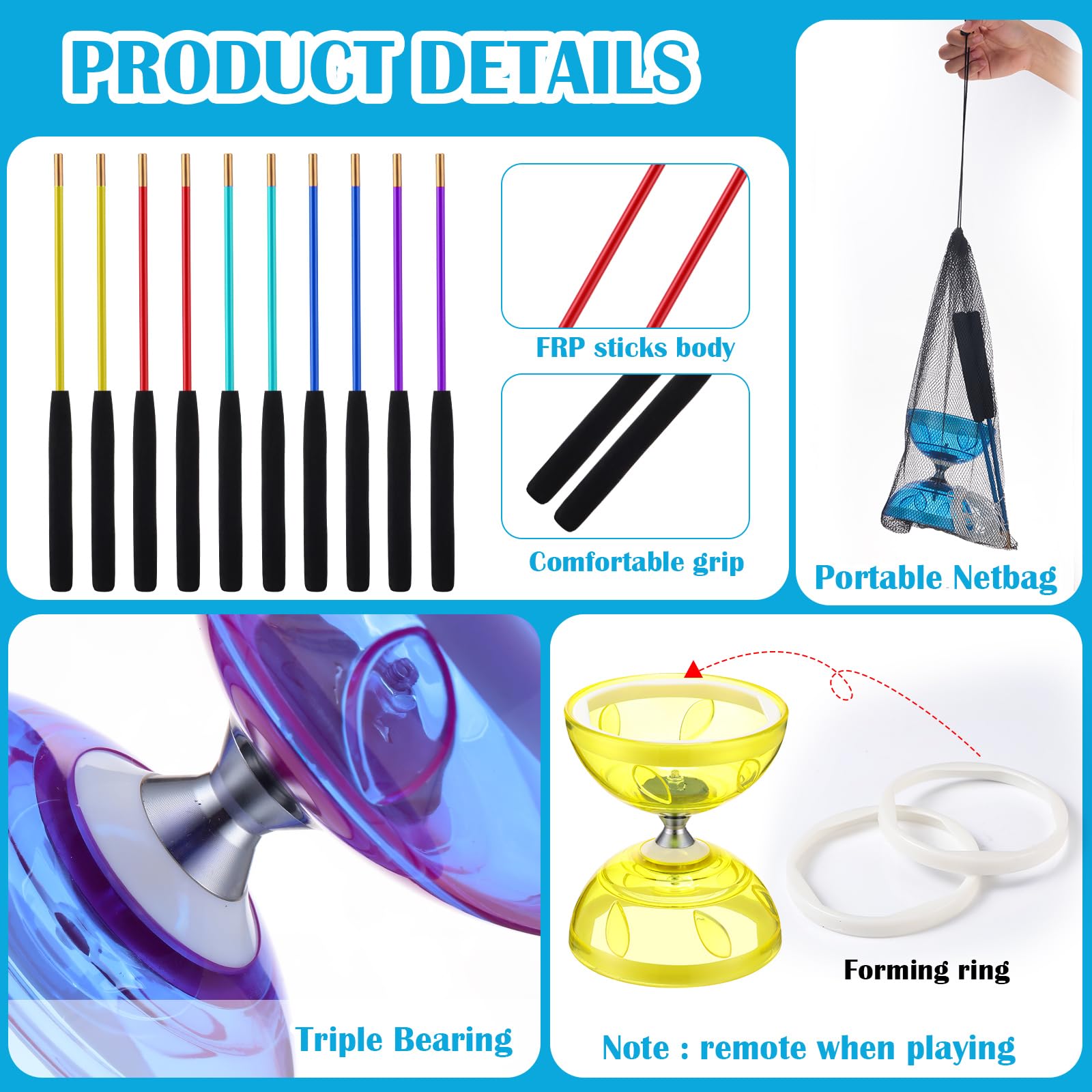 Hungdao Hungdao 5 Set Chinese Diabolo Triple Bearing Yoyo 5 Multi Colors with Fiberglass Sticks Mesh Bags and Strings for Fun and Performance - View 4 of 5