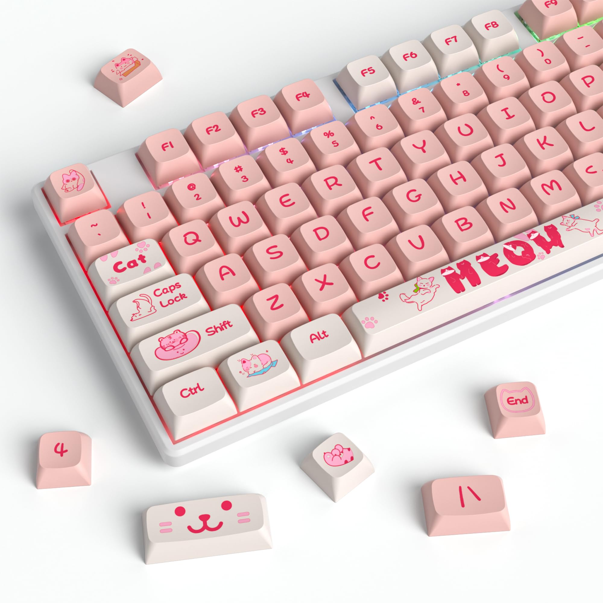 Ussixchare Ussixchare 129 Keys PBT Dye-Sublimation XDA Profile Custom Anime Keycap Set for Mechanical Gaming Keyboards Peach Cat - View 3 of 7