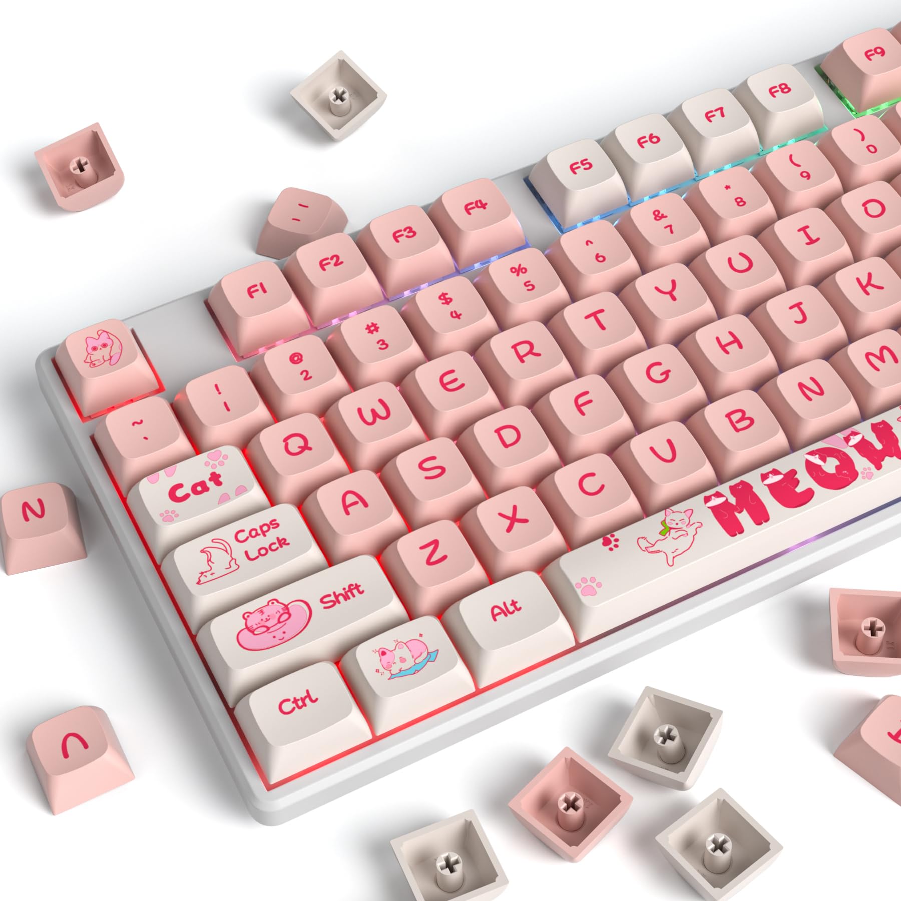 Ussixchare Ussixchare 129 Keys PBT Dye-Sublimation XDA Profile Custom Anime Keycap Set for Mechanical Gaming Keyboards Peach Cat