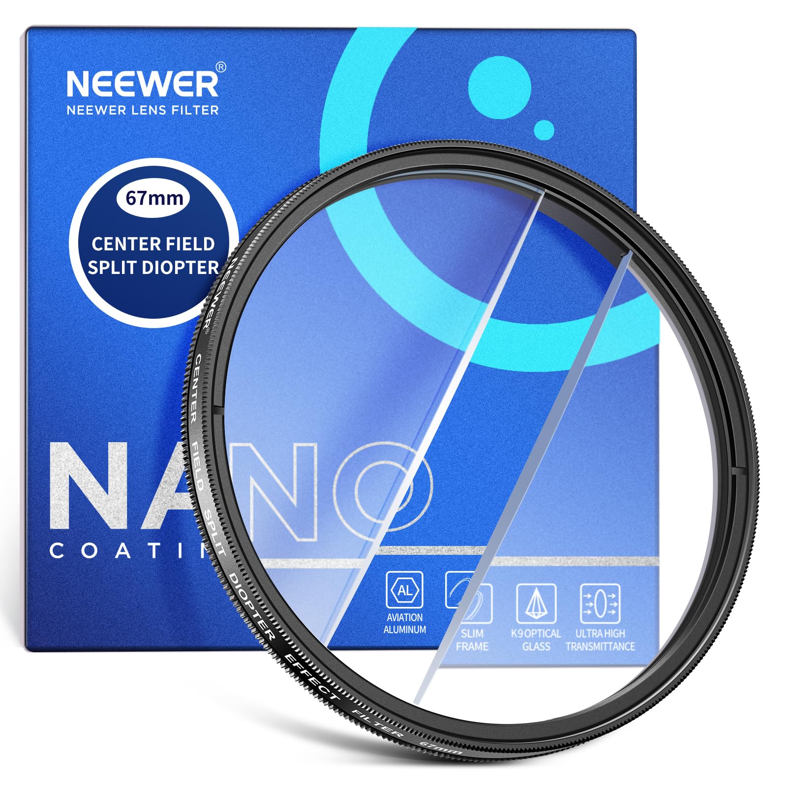 NEEWER NEEWER 67mm Center Field Split Diopter Filter for Camera with K9 Optical Glass and Aluminium Frame for Blurred Refraction Effects