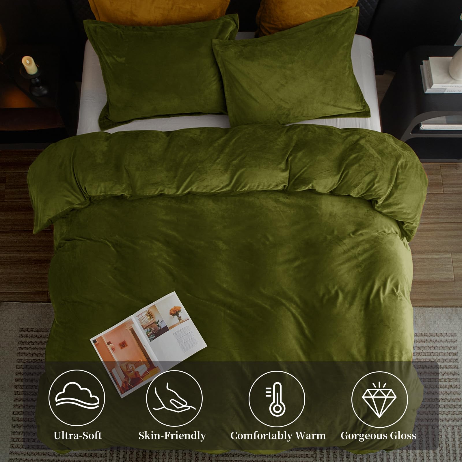 PHF PHF Super Soft Velvet Duvet Cover Queen Size Luxurious Warm Fluffy Bedding Set with Pillow Shams and Zipper Closure Olive Green - View 2 of 6