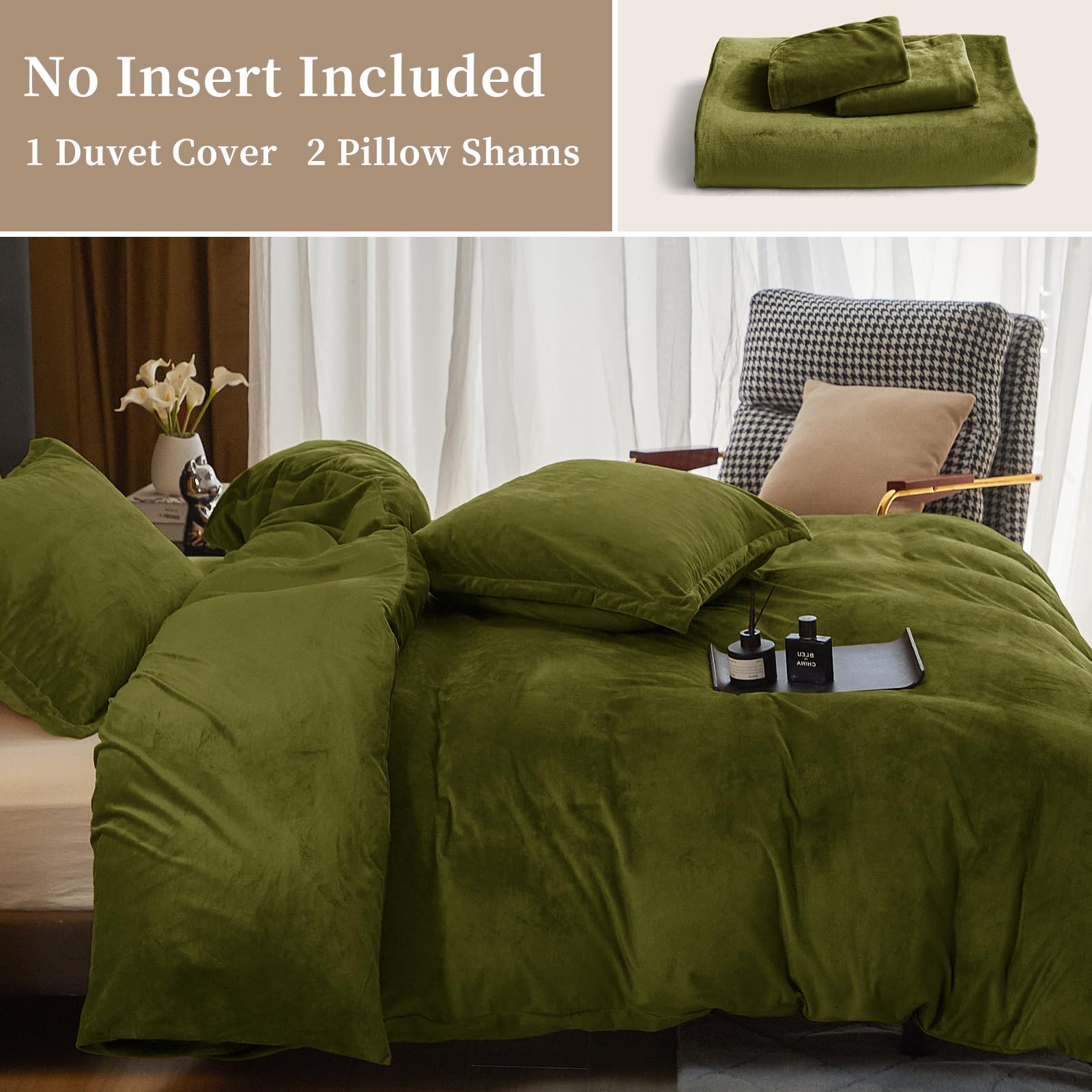 PHF PHF Super Soft Velvet Duvet Cover Queen Size Luxurious Warm Fluffy Bedding Set with Pillow Shams and Zipper Closure Olive Green - View 5 of 6