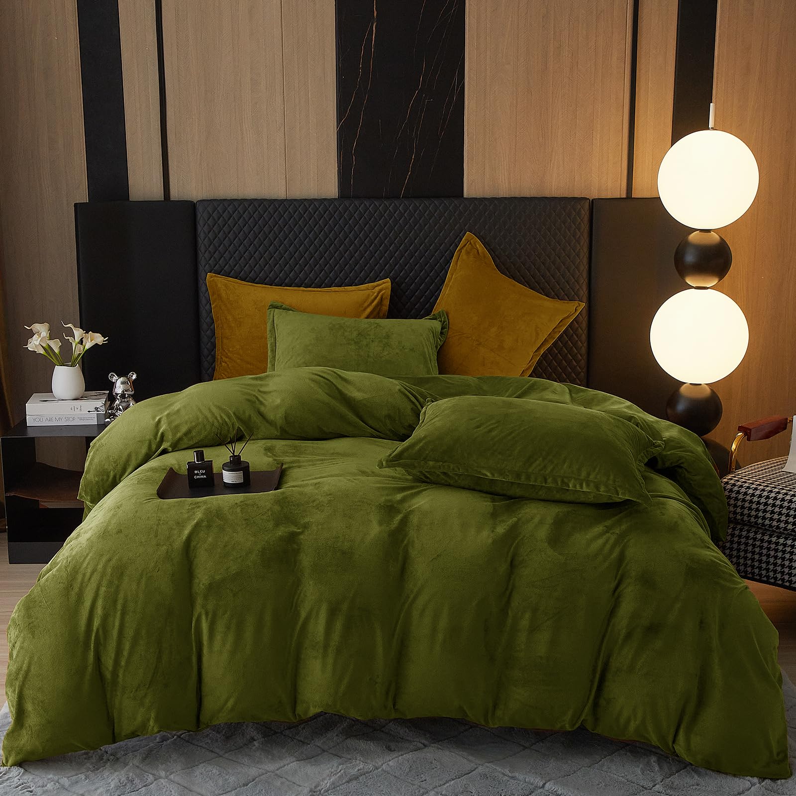 PHF PHF Super Soft Velvet Duvet Cover Queen Size Luxurious Warm Fluffy Bedding Set with Pillow Shams and Zipper Closure Olive Green - View 6 of 6