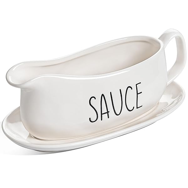 LE TAUCI LE TAUCI 16oz Gravy Boat with Saucer Stand Ceramic Sauce Boat for Dressings Creamer Broth Black Pepper Oyster White Set of 1