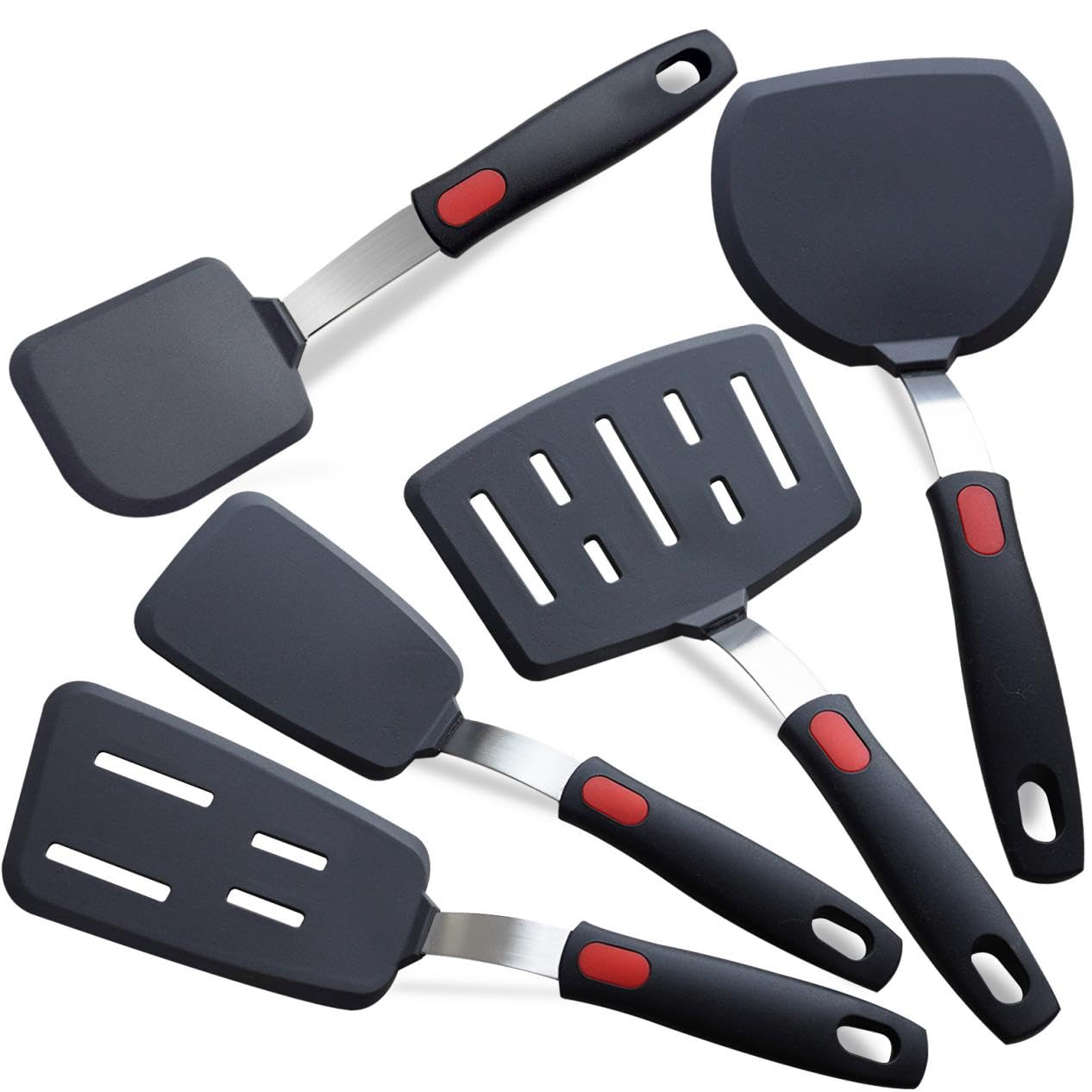 KAKAMINA Silicone Spatula Turner Set 5 Pack Heat Resistant 600F Nonstick Cookware Utensils for Cooking Eggs Pancakes Dishwasher Safe