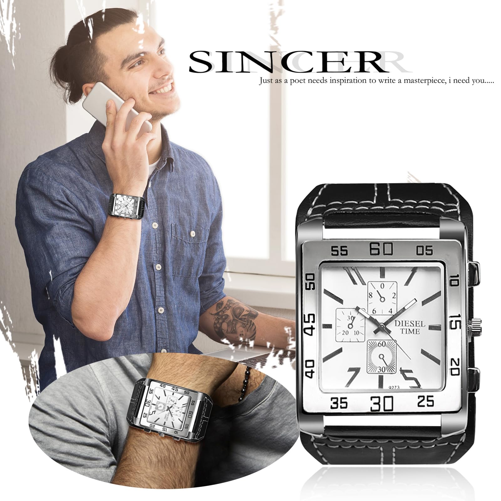 Avaner Avaner Men's Oversize Square Steampunk Watch with Leather Strap Big Face Design - View 2 of 6