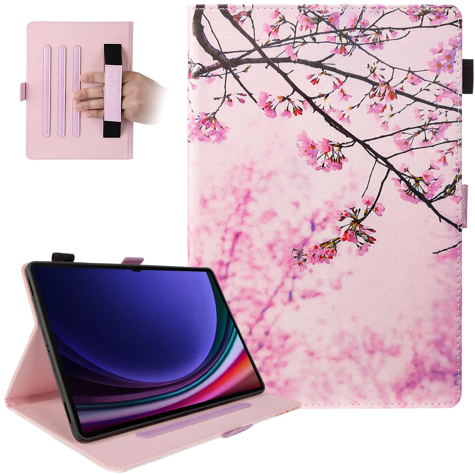 Dteck Dteck Premium PU Leather Case for Samsung Galaxy Tab S10 Ultra S9 Ultra S8 Ultra 14.6 Inch Shockproof Smart Folio with S Pen Holder Pink Cherry