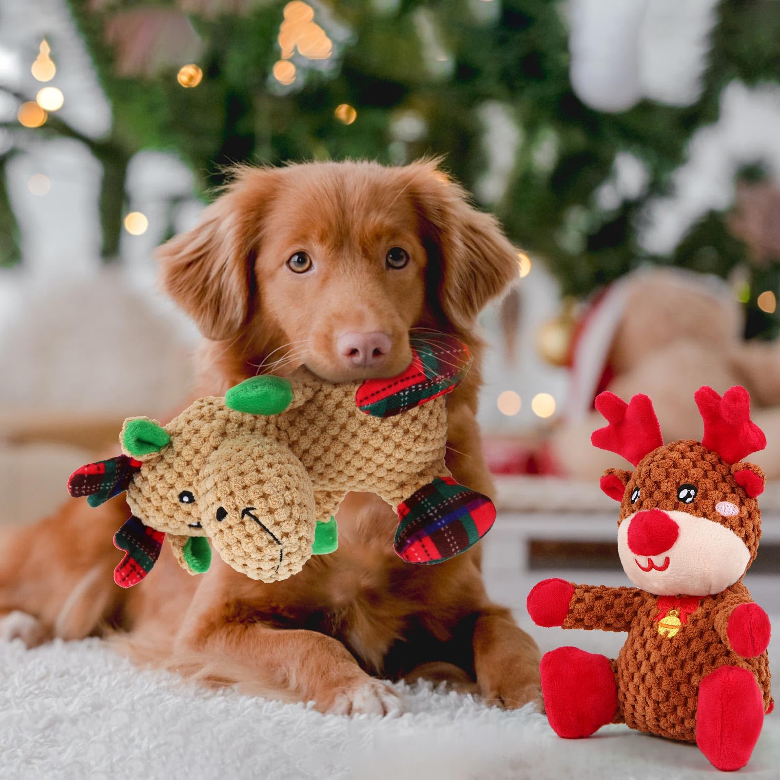 Chngeary Chngeary 2 Pack Christmas Squeaky Plush Dog Toys Durable Indestructible Stuffed Toys for Small Medium Dogs Cute Elk Design - View 2 of 6