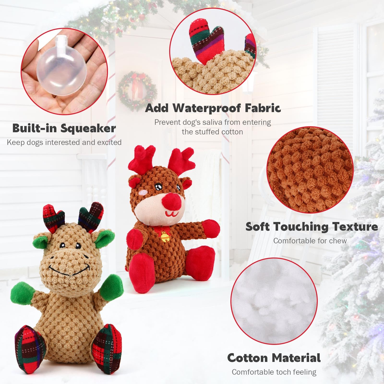 Chngeary Chngeary 2 Pack Christmas Squeaky Plush Dog Toys Durable Indestructible Stuffed Toys for Small Medium Dogs Cute Elk Design - View 4 of 6