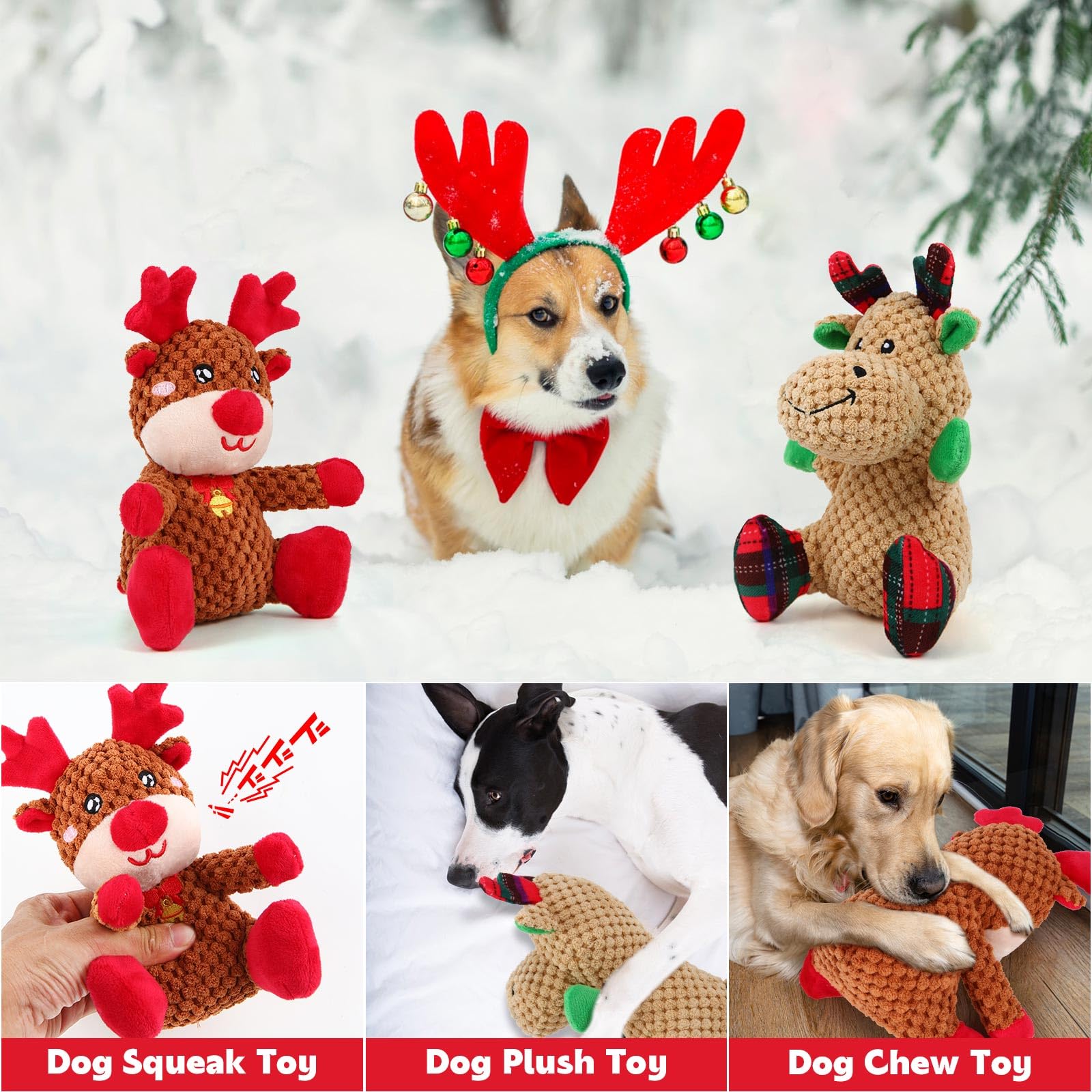 Chngeary Chngeary 2 Pack Christmas Squeaky Plush Dog Toys Durable Indestructible Stuffed Toys for Small Medium Dogs Cute Elk Design - View 5 of 6