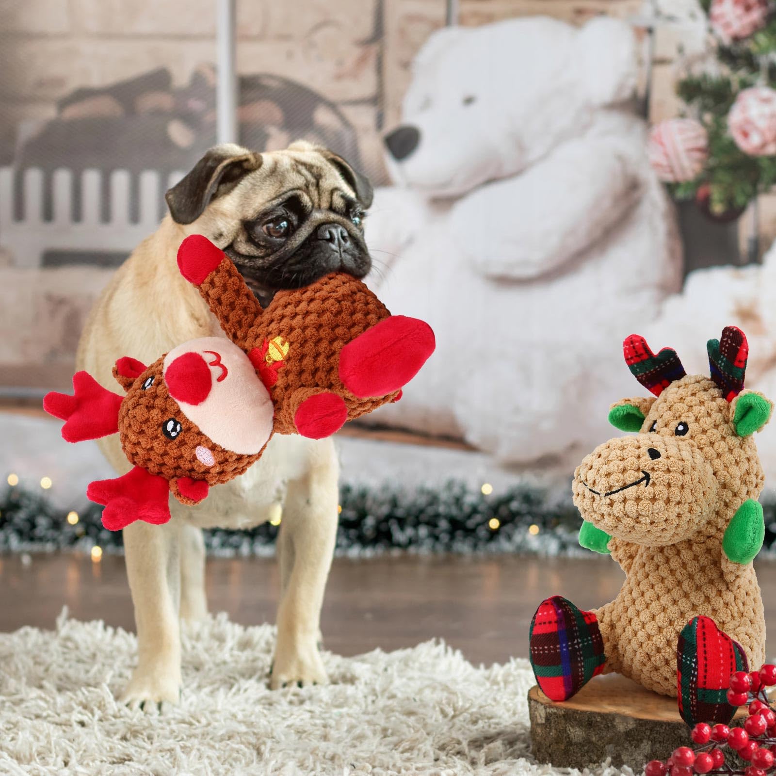 Chngeary Chngeary 2 Pack Christmas Squeaky Plush Dog Toys Durable Indestructible Stuffed Toys for Small Medium Dogs Cute Elk Design - View 6 of 6
