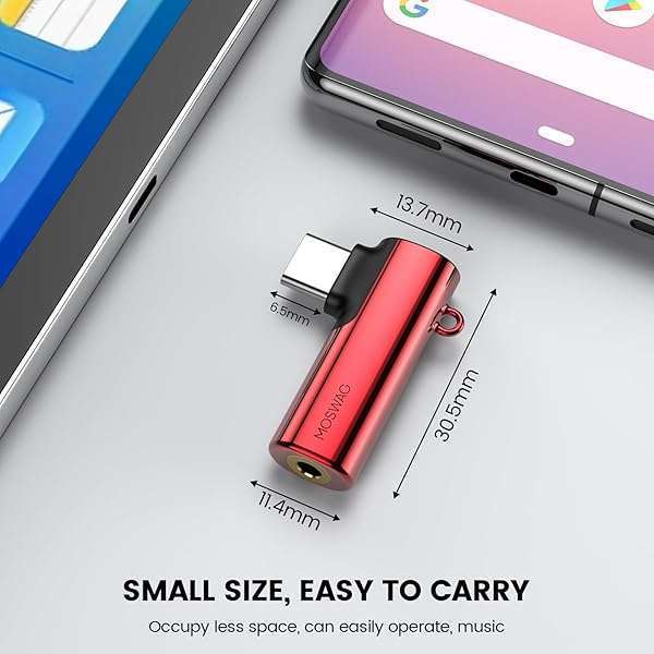 MOSWAG High-Res MOSWAG USB C to 3.5mm Adapter for Samsung Galaxy S23/S22/S21 & Pixel 7/6 - Right Angled Aux Dongle - View 6 of 6