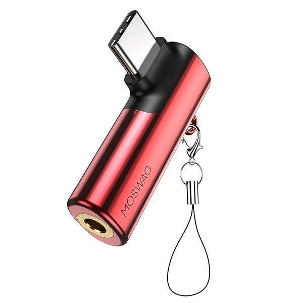 High-Res MOSWAG USB C to 3.5mm Adapter for Samsung Galaxy S23/S22/S21 & Pixel 7/6 - Right Angled Aux Dongle