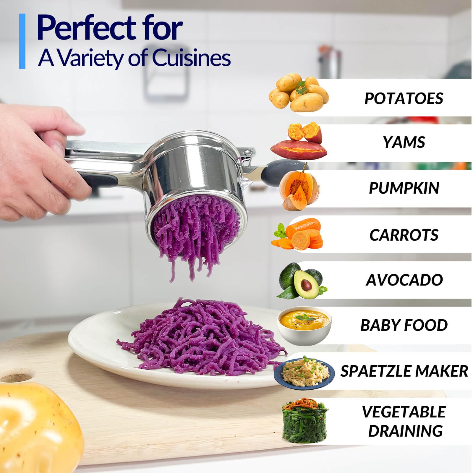 SPEENSUN SPEENSUN Potato Ricer Heavy Duty Stainless Steel Masher for Fluffy Mashed Potatoes and Spaetzle Maker with Silicone Handle - View 6 of 6