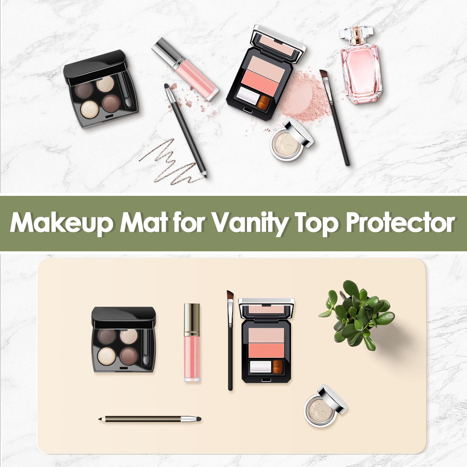 TOHONFOO TOHONFOO Dual-Sided Makeup Mat for Vanity Easy to Clean Waterproof Oilproof 31.5 x 15.7 in Beige and Olive Green - View 2 of 6