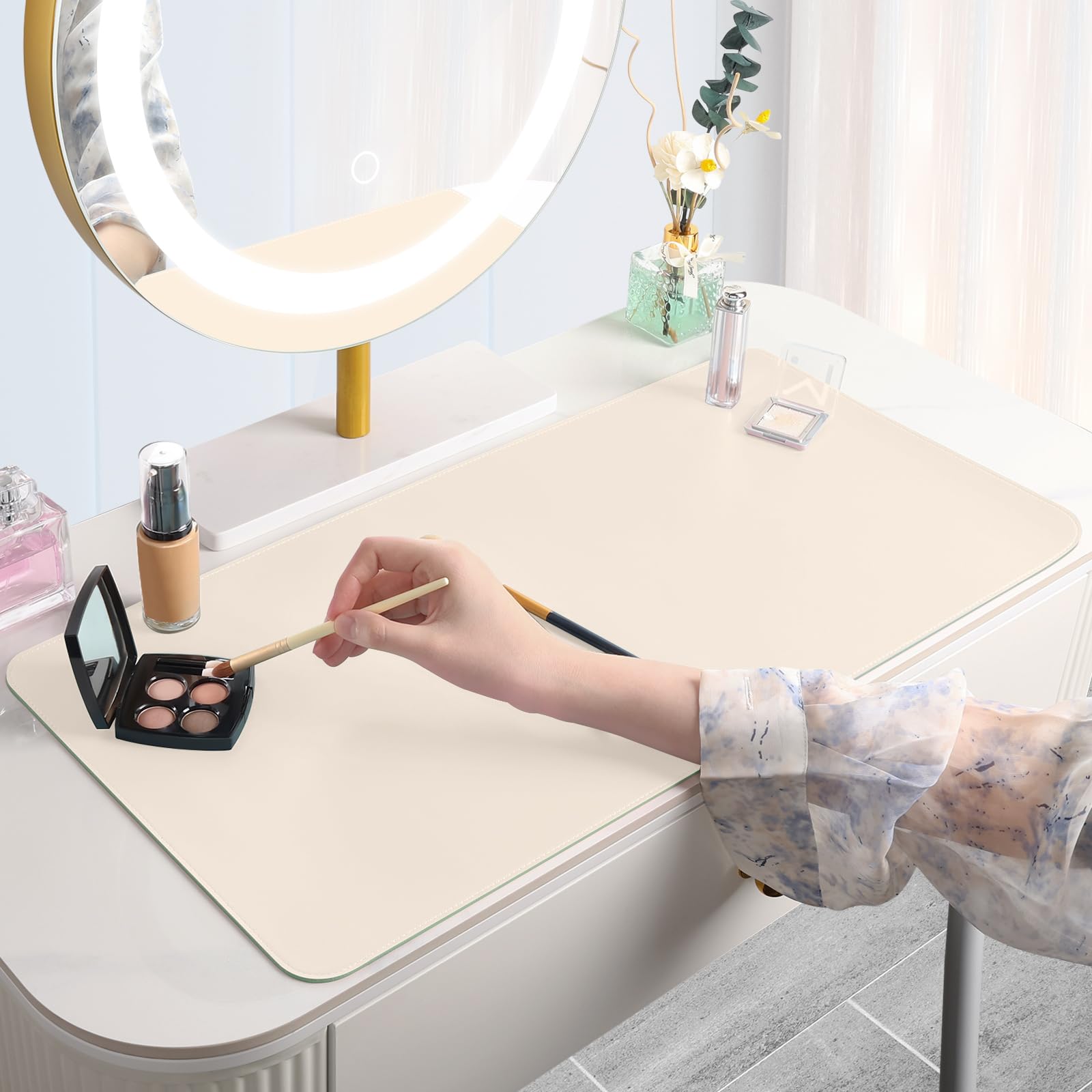 TOHONFOO TOHONFOO Dual-Sided Makeup Mat for Vanity Easy to Clean Waterproof Oilproof 31.5 x 15.7 in Beige and Olive Green - View 6 of 6