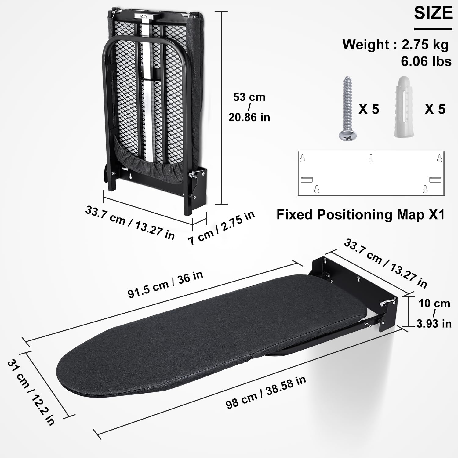 Duwee Duwee 12x36 Wall Mounted Ironing Board Compact Fold Down Design with Heat Resistant Cover Ideal for Small Spaces - View 2 of 7