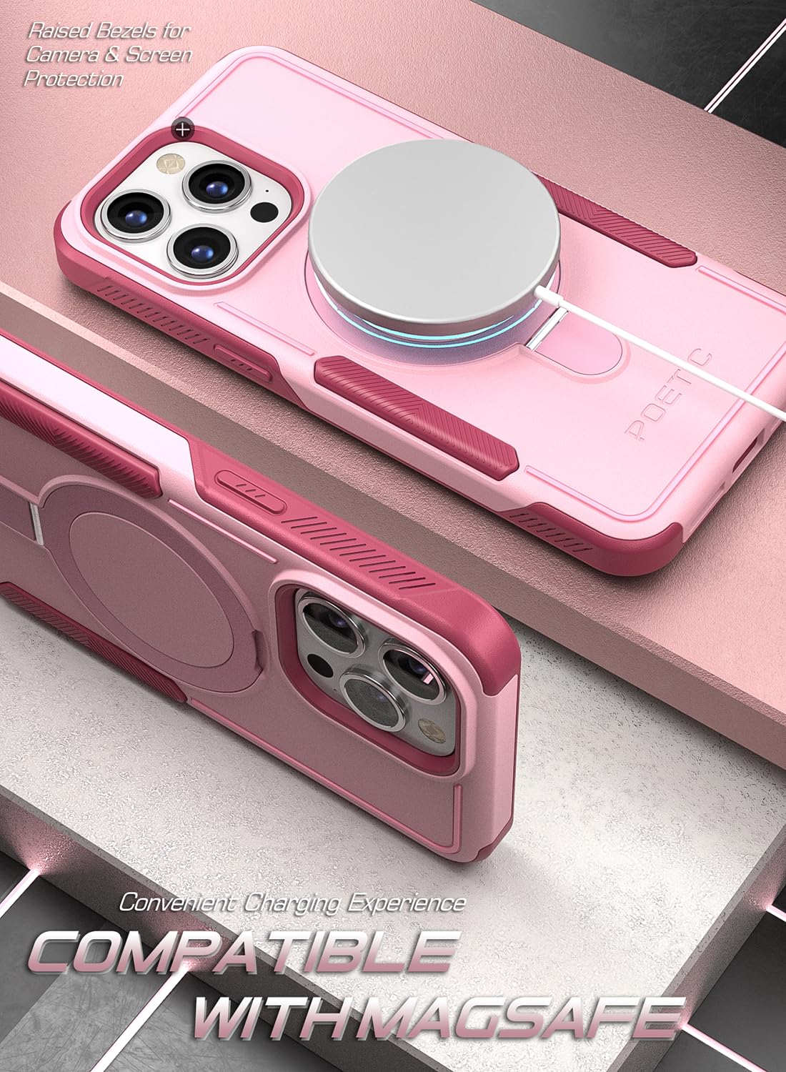 POETIC Neon Magpro Case for iPhone 15 Pro Max 5G 6.7 Inch Heavy Duty Shockproof Cover with Magnetic Ring Stand Pink - View 3 of 6