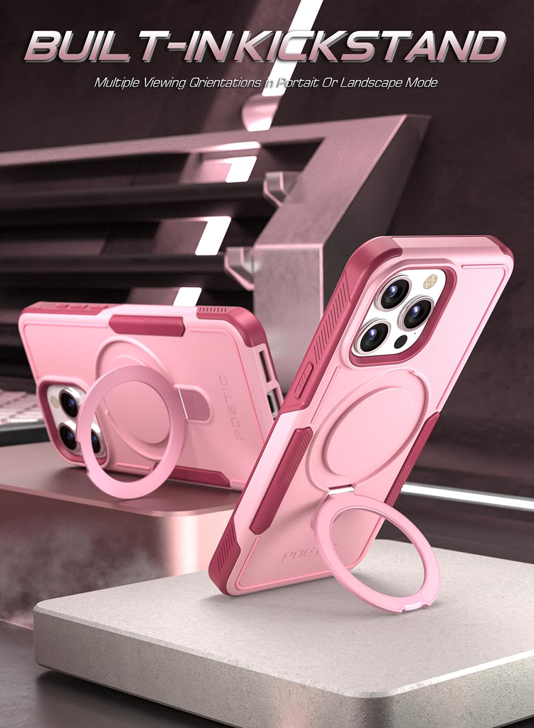 POETIC Neon Magpro Case for iPhone 15 Pro Max 5G 6.7 Inch Heavy Duty Shockproof Cover with Magnetic Ring Stand Pink - View 4 of 6