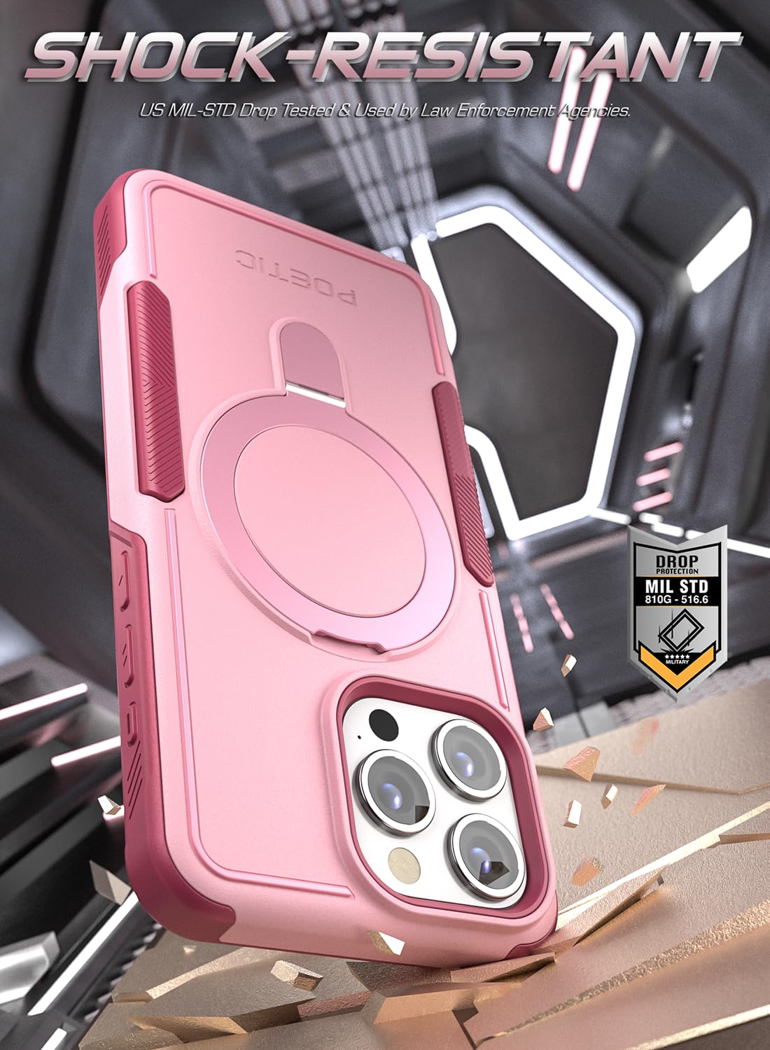 POETIC Neon Magpro Case for iPhone 15 Pro Max 5G 6.7 Inch Heavy Duty Shockproof Cover with Magnetic Ring Stand Pink - View 5 of 6
