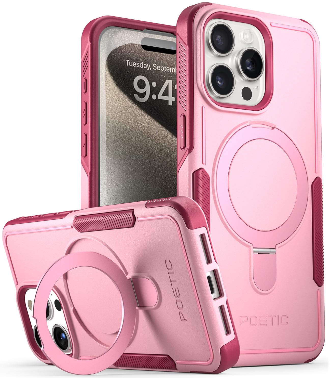 POETIC Neon Magpro Case for iPhone 15 Pro Max 5G 6.7 Inch Heavy Duty Shockproof Cover with Magnetic Ring Stand Pink