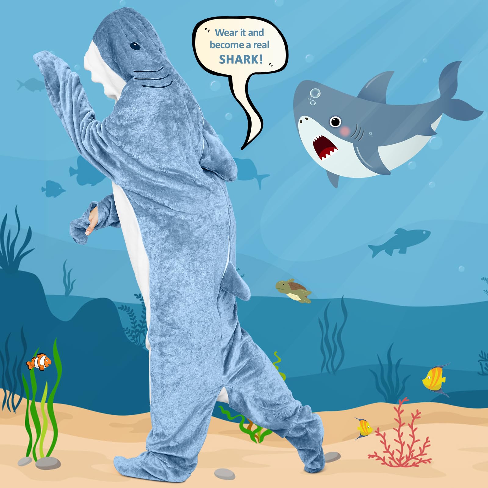 Ambitelligence Ambitelligence Shark Blanket Hoodie Onesie Cozy Flannel Costume for Adults and Kids Perfect for Sleepovers and Lounging - View 2 of 9