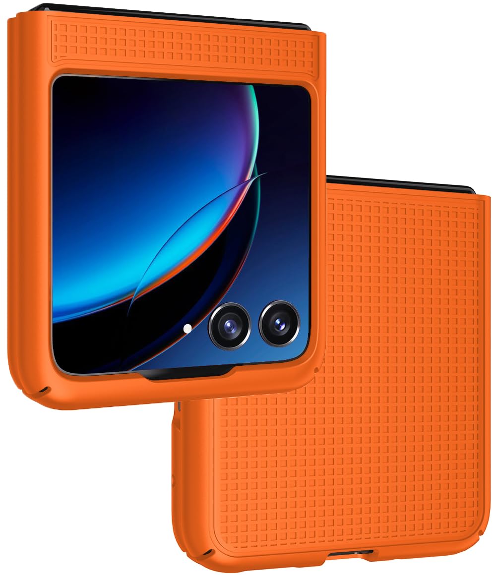 Slim Hard Shell Case for Motorola RAZR Plus 2023 Anti-Fingerprint Grid Texture Bright Orange Protector Cover