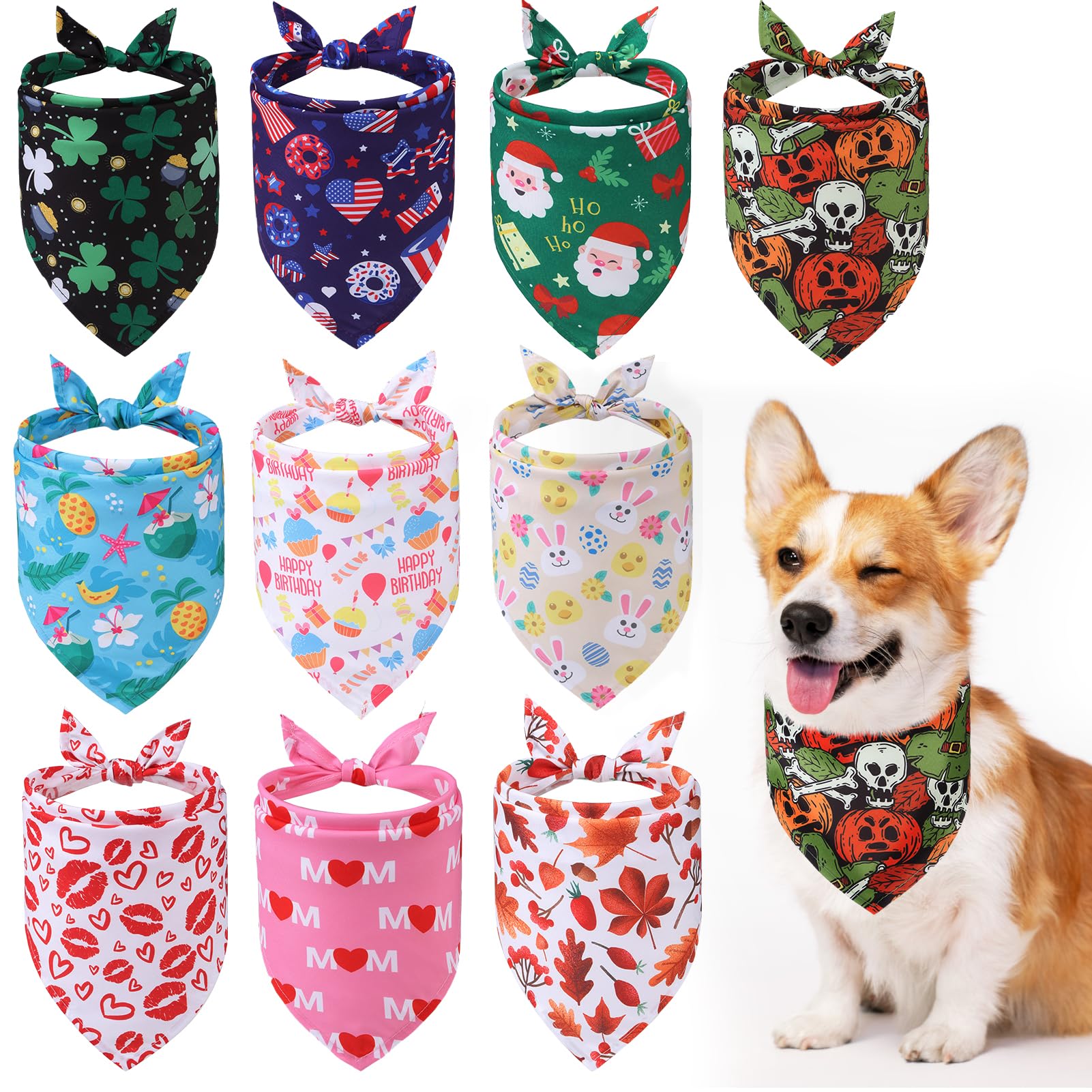 PAWCHIE PAWCHIE Holiday Dog Bandanas 10 Pack Easter 4th of July Birthday Triangle Scarves for Small to Large Dogs and Cats