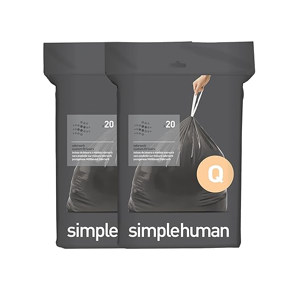 simplehuman simplehuman Code Q 40 Count Odorsorb Custom Fit Drawstring Trash Bags 50-65 Liter 13-17 Gallon Dispenser Packs