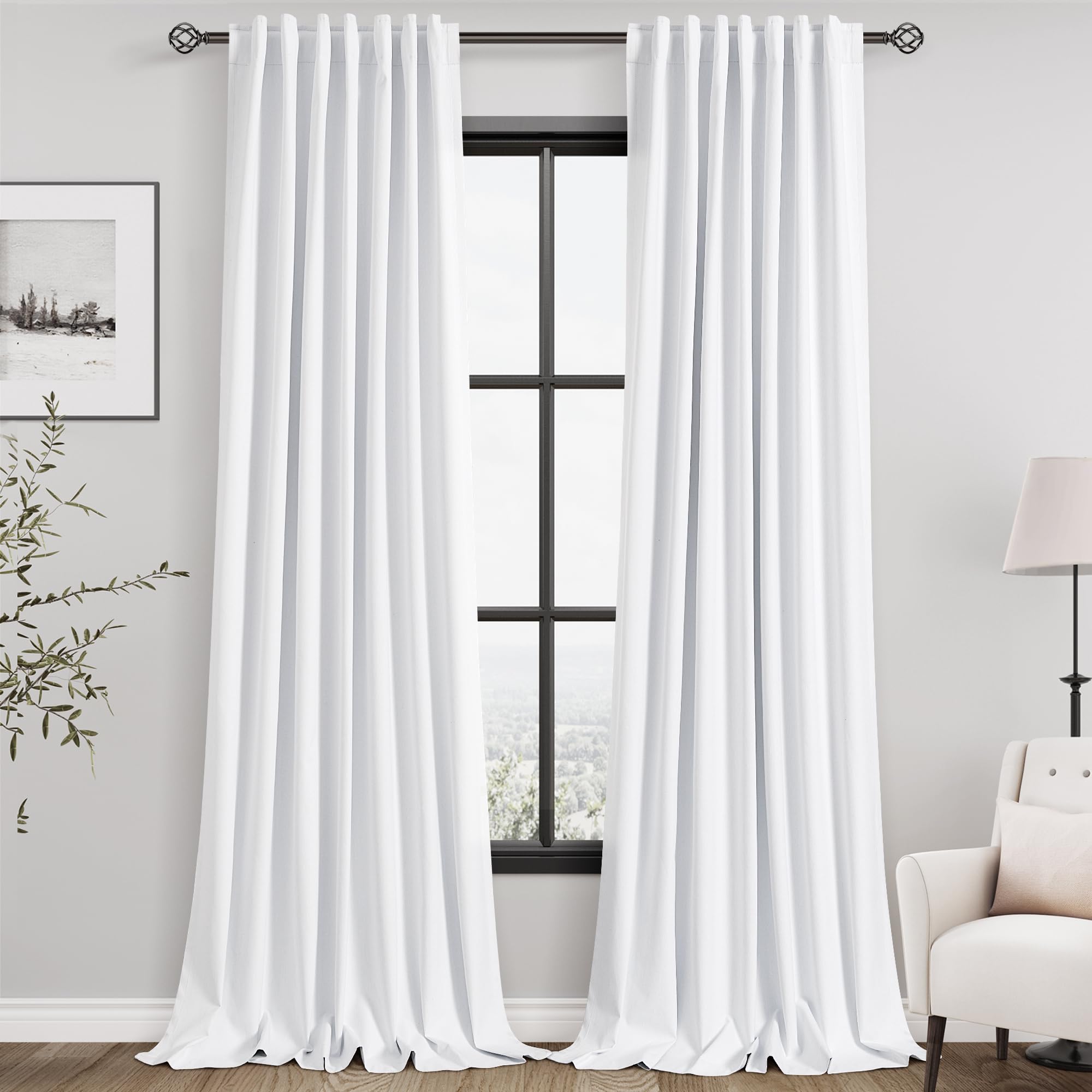 Full Black Out White Window Curtain Panels 102 Inches Long Set of 2 Cotton Textured Thermal Insulated Drapes for Living Room and Nursery