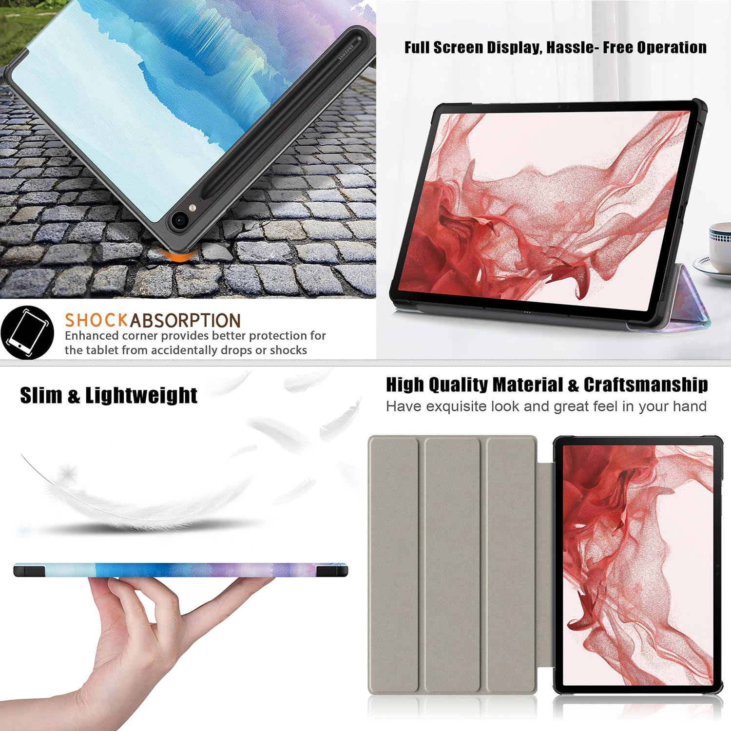 UUcovers Samsung Galaxy Tab S9 Case 11 inch 2023 Lightweight Tri-Fold Folio Stand PU Leather Shockproof Auto Wake Sleep Beach Ocean Blue - View 7 of 9