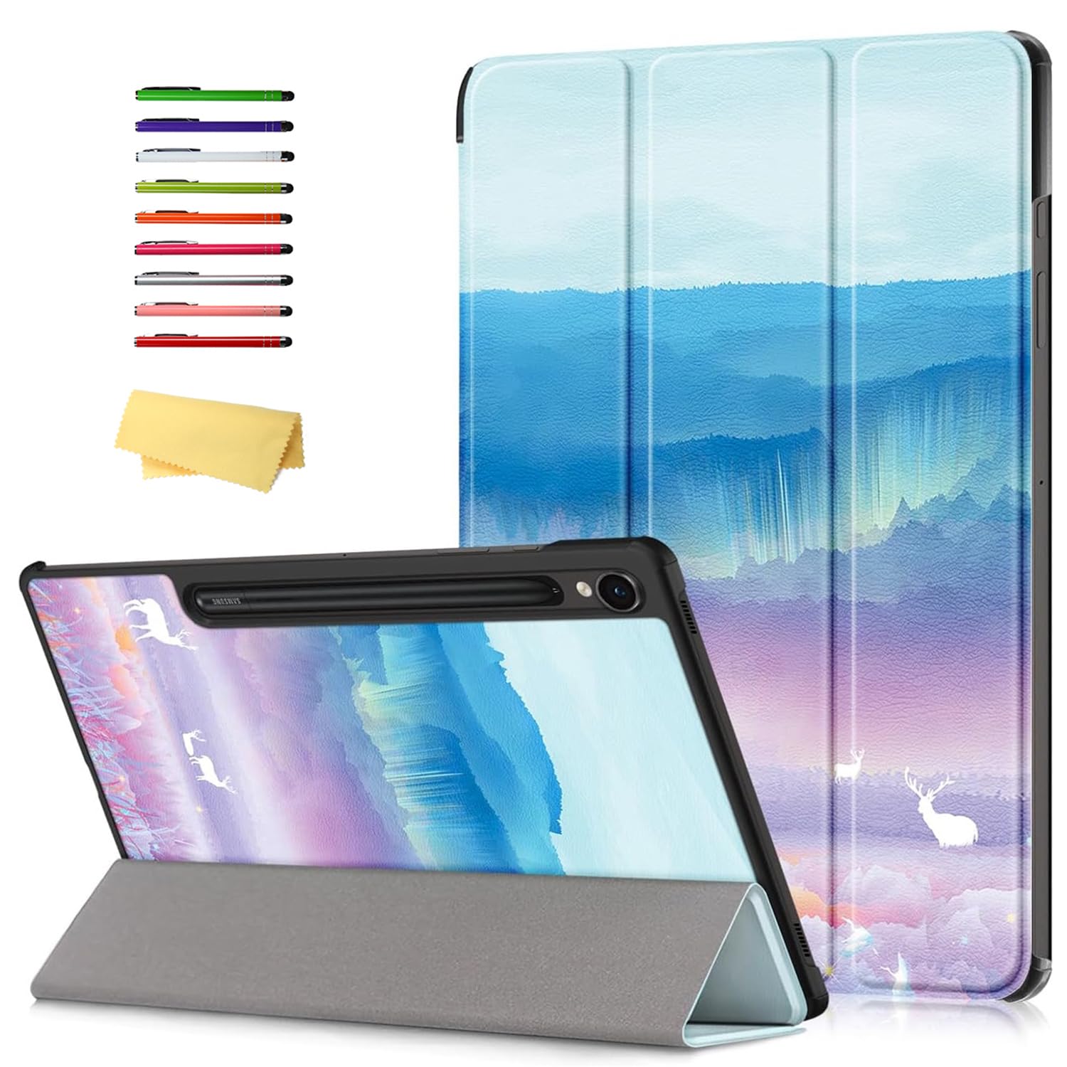 UUcovers Samsung Galaxy Tab S9 Case 11 inch 2023 Lightweight Tri-Fold Folio Stand PU Leather Shockproof Auto Wake Sleep Beach Ocean Blue