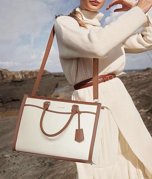 LOVEVOOK "LOVEVOOK 15.6" Laptop Tote Bag for Women - Lightweight Canvas Briefcase & Travel Handbag Set in Beige-Brown" - View 5 of 10