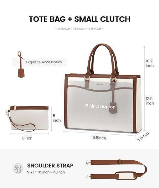 LOVEVOOK "LOVEVOOK 15.6" Laptop Tote Bag for Women - Lightweight Canvas Briefcase & Travel Handbag Set in Beige-Brown" - View 6 of 10