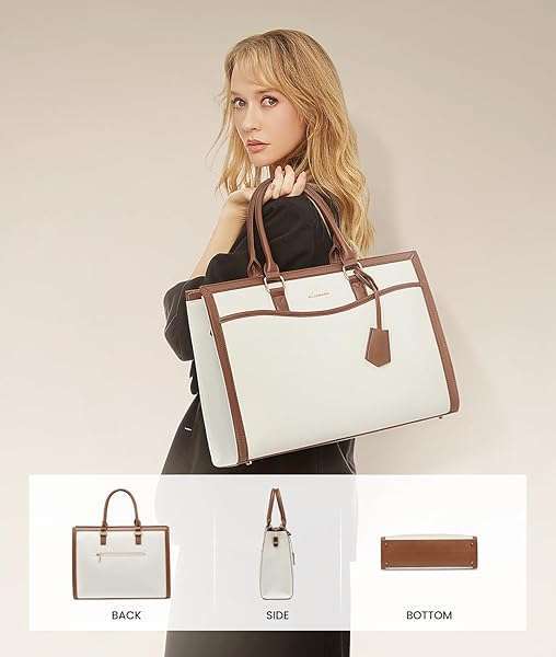 LOVEVOOK "LOVEVOOK 15.6" Laptop Tote Bag for Women - Lightweight Canvas Briefcase & Travel Handbag Set in Beige-Brown" - View 8 of 10