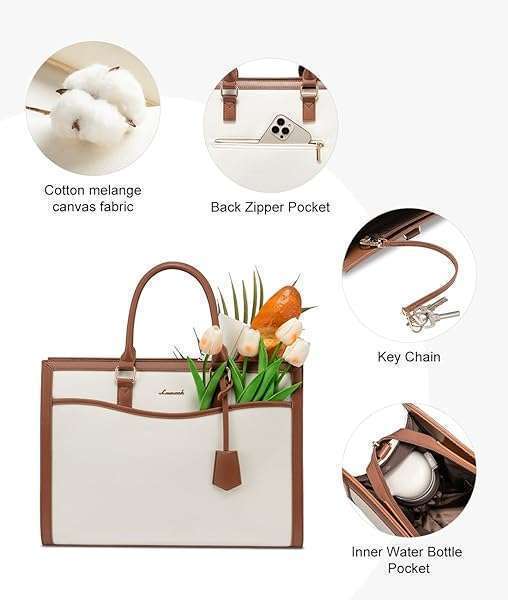LOVEVOOK "LOVEVOOK 15.6" Laptop Tote Bag for Women - Lightweight Canvas Briefcase & Travel Handbag Set in Beige-Brown" - View 9 of 10